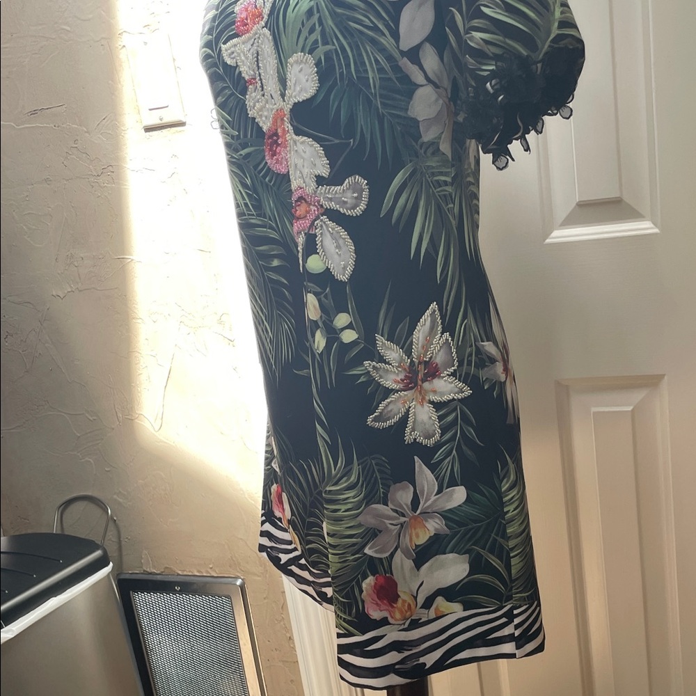 Tropical Floral Embroidered Shift Dress - Black with Green & Pink - Picture 6 of 15